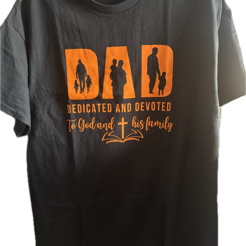 Black T-Shirt with Orange 'DAD' Graphic